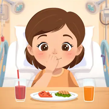 Cartoon image of a child’s face in a hospital bed with their hand over their mouth to stop them eating the plate of food in front of them