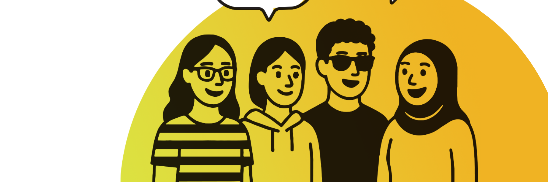 Graphic of a black outline of four people standing together talking, with a speech bubble, on a yellow background