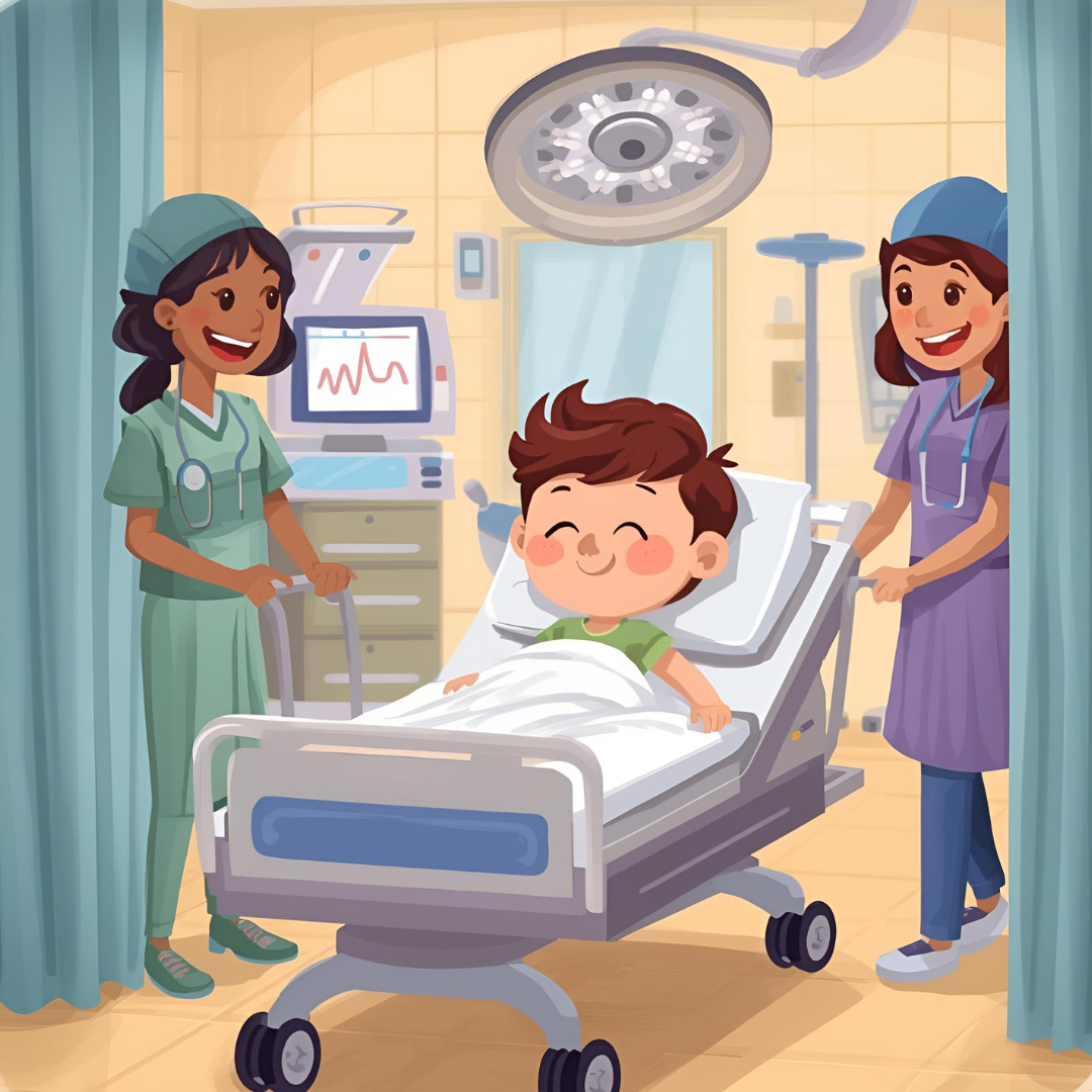 Cartoon image of a child being wheeled into an operating theatre