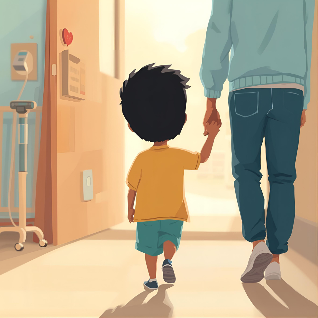 Cartoon of a child holding their parent’s hand as they’re leaving the hospital