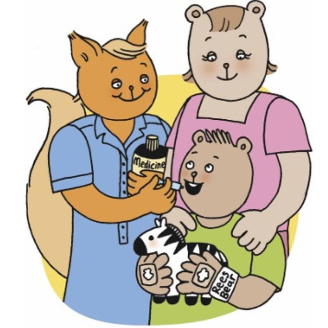 Cartoon Rees Bear with Mama Bear and a nurse with medicine