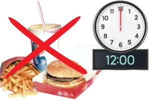 Junk food with a red cross through it and a clock set to 12