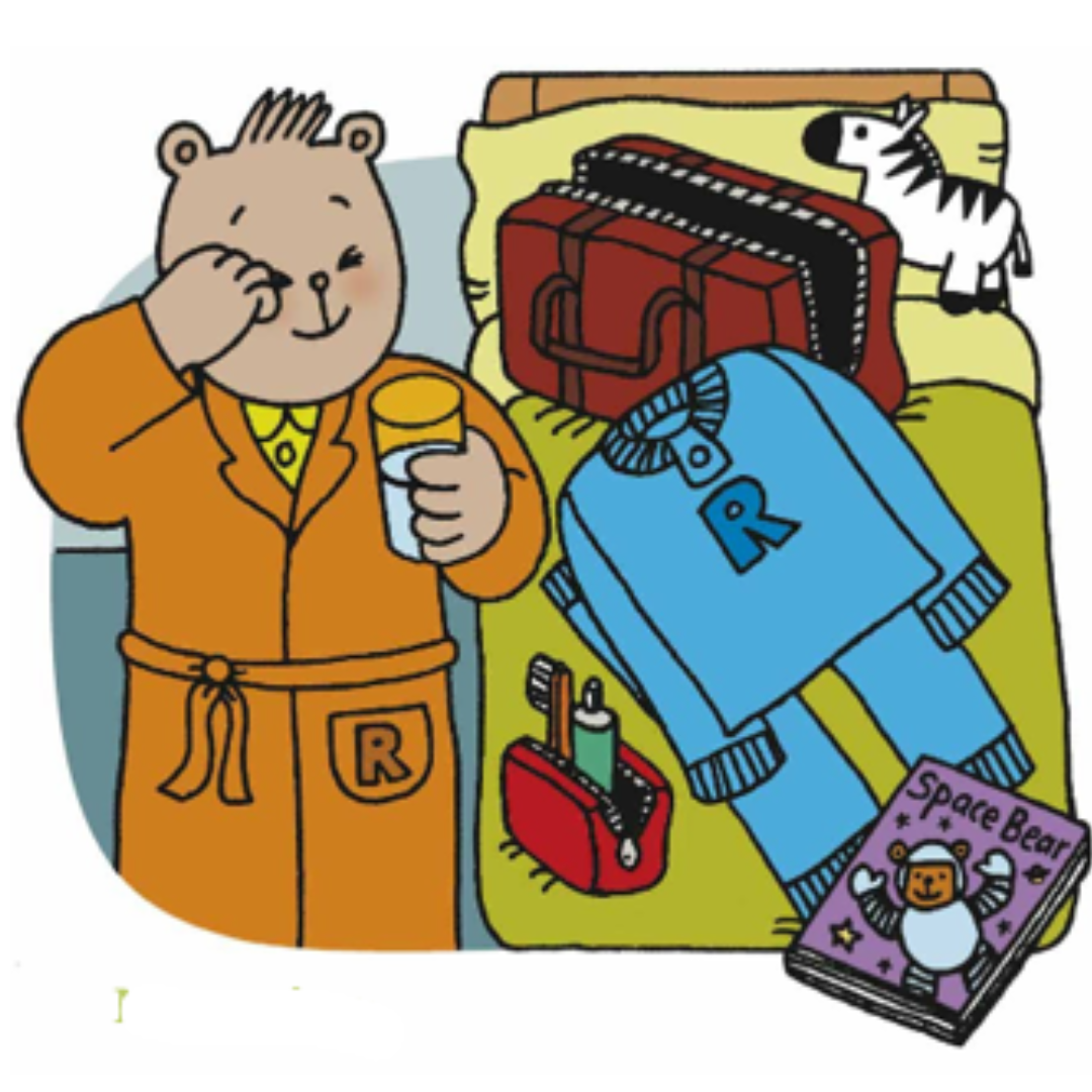 Cartoon Rees Bear packing for hospital