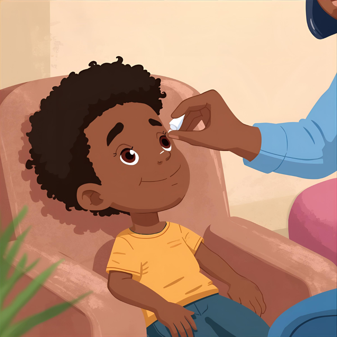 A friendly cartoon-style sitting room with a child that has their head tilted back whilst a parent puts eye drops in their eye.  The child looks calm and relaxed. 