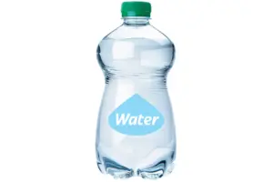 Clear plastic bottle with a green lid, and a blue label stating 'water'