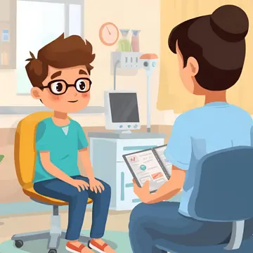 A friendly cartoon-style hospital consultation room of a counselling session The teen being counselled is wearing glasses and looking calm.
