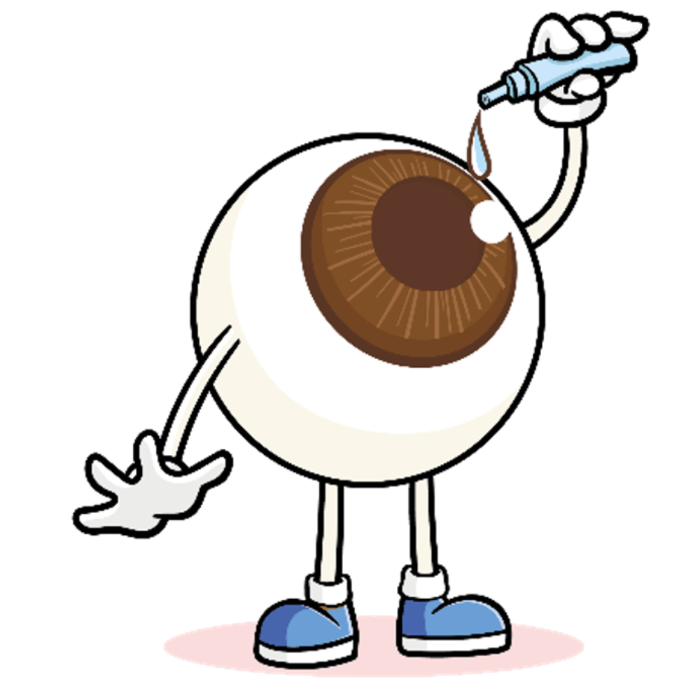Cartoon eyeball with legs and arms apply a liquid to the pupil