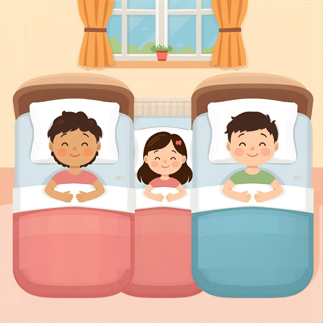 A friendly cartoon-style hotel room with a family of three sleeping in separate beds. They look calm, comfortable and relaxed. 