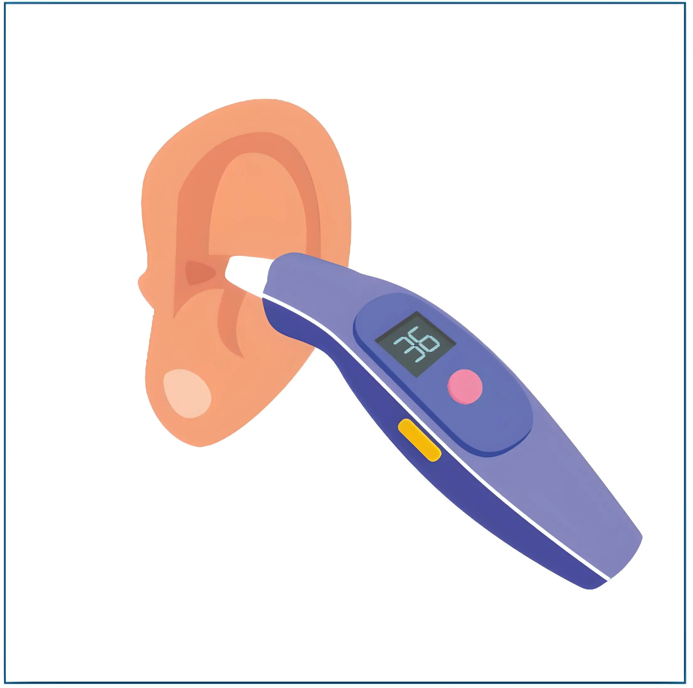 Cartoon of an ear with a thermometer in it reading 36