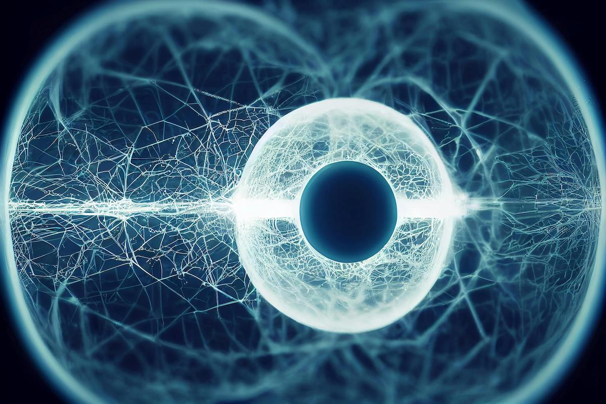 Electric light Eyeball with white light blood vessels on a black background