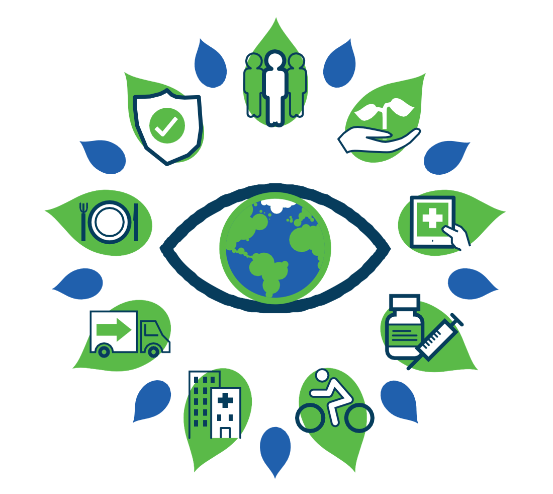 Greenplan image in green, blue and white; shaped like a flower with each petal representing a section of the plan