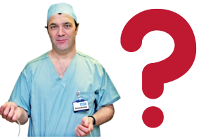 Male consultant on surgical scrubs next to a large red illustration question mark