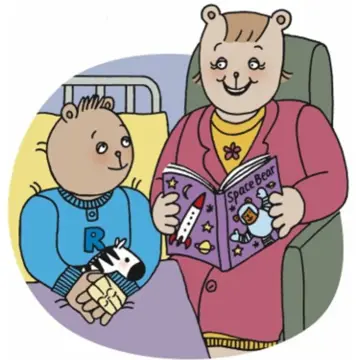 Cartoon Rees Bear in a hospital bed with Mama Bear reading to him