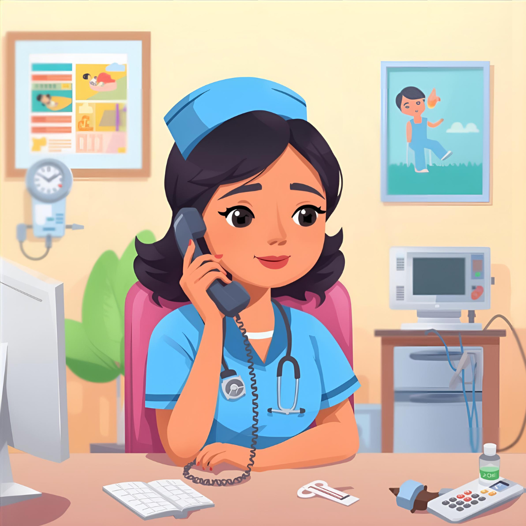 A friendly cartoon-style hospital consultation room of a nurse in a blue uniform speaking on the telephone looking calm. 