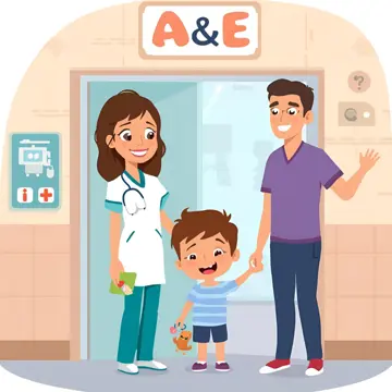 Cartoon-style A%E entrance to a hospital with a smiling nurse welcoming a young child and their parent