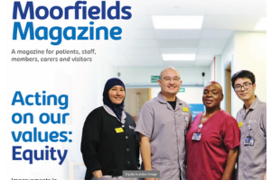 Cover of Moorfields magazine with staff members looking to camera smiling