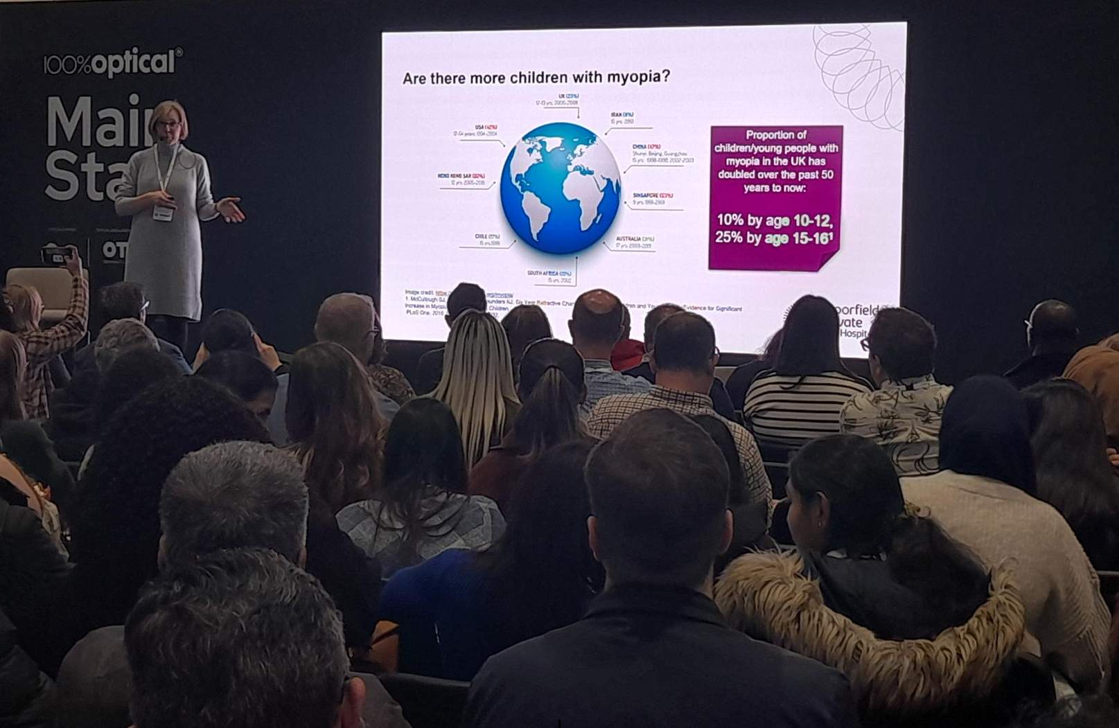 Professor Annegret Dahlmann-Noor speaking at the 100% Optical 2025