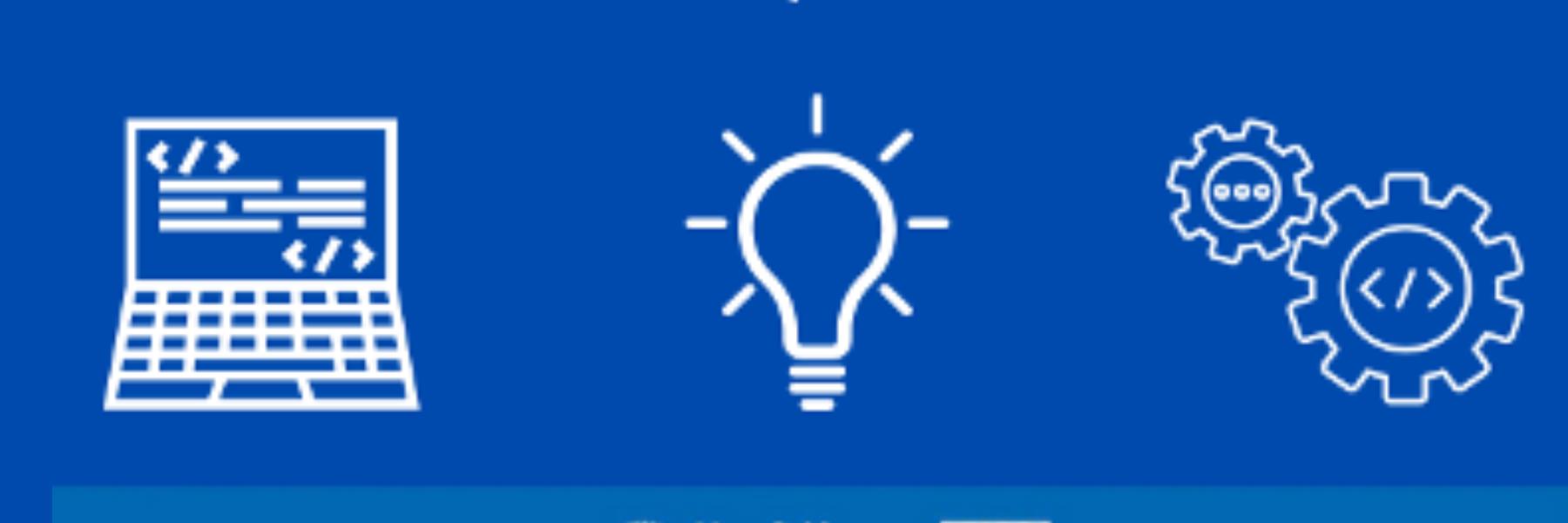 Hackday 25 blue icon banner with laptop, idea lightbulb and two cogs