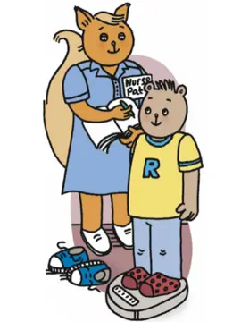 Cartoon Rees Bear on the scales with Nurse squirrel