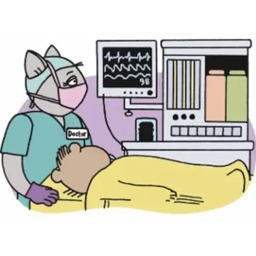 Cartoon Rees Bear on the operating table in theatre