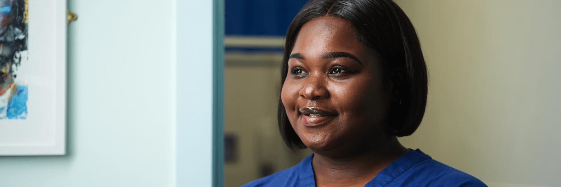 Headshot of a Moorfields team member: Phaira headshot in the hospital
