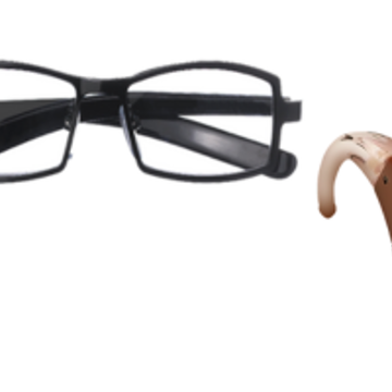 Black glasses and beige colour hearing aid