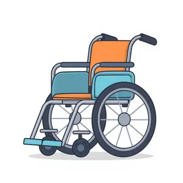 A Friendly Cartoon Style Wheelchair. Soft Colours, Child Friendly, With A White Background